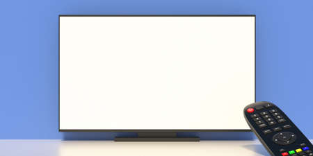 TV remote control closeup and  blank screen television monitor, blue background, copy space,...