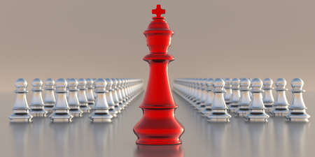 Leader, business success concept. Chess king red color standing ahead of silver chess pawns group. 3d illustrationの写真素材