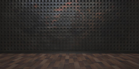 Empty living room, wooden floor and geometric square pattern wall. Art deco style office interior,...