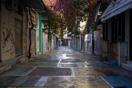 Athens, Greece. December 5 2020. Shops closed, empty street in Plaka, city center. Coronavirus pandemic lockdownのeditorial素材