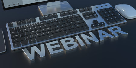 Webinar online training concept. Text webinar, computer keyboard and mouse, black desk background. Social distance, coronavirus new normal. 3d illustrationの写真素材