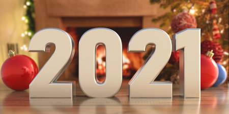 New year 2021 number, Christmas tree and ornaments, burning fireplace background, decorated home,...