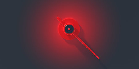 Speedometer needle closeup on blank background. Car dashboard dial gauge indicator top view. Red color high speed, fuel, rpm indication, copy space, template. 3d illustrationの写真素材
