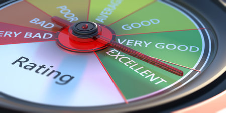 Rating classification. Performance review, car dashboard speedometer, close up view. 3d illustrationの写真素材