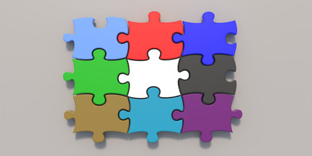 Puzzle jigsaw colorful tiles on gray color background, grid template 3X3, 9 pieces color variety, copy space. 3d illustrationの写真素材