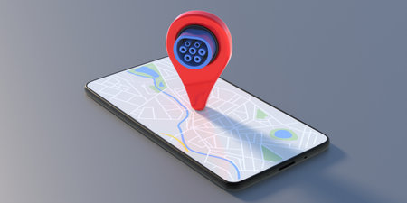 Electric car charging location mobile app. Pointer pin with electric vehicle plug on a smart phone,...