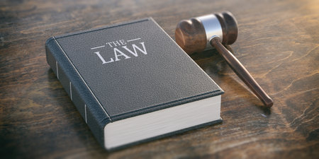 Law school, justice legislation concept. The LAW text on hard cover book and judge gavel on wooden...