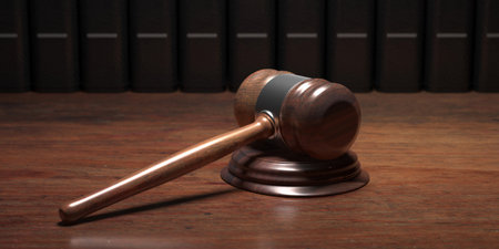 Judge gavel on wooden desk, law books background Lawyer office, courthouse, legislation concept. 3d...