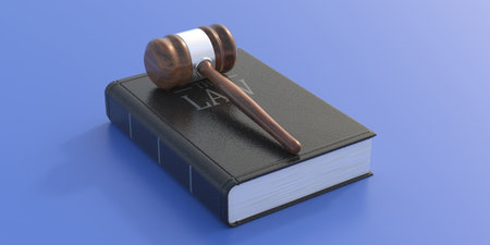 Law book and judge gavel on blue background. THE LAW text on black color hard cover book. Justice,...