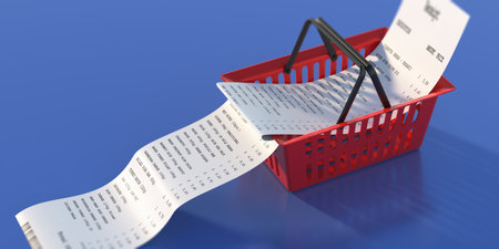 Shopping basket and paper receipt on blue background. Groceries, supermarket shopping payment...