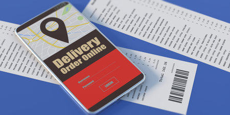 Online order delivery concept. Smartphone and paper receipts on blue background. Delivery order online on mobile phone screen. 3d illustrationの写真素材