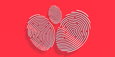 Fingerprint signs digital identify, access control on red color background. Three thumbprints different size, family privacy concept. 3D illustrationの写真素材
