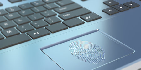 Computer fingerprint scan biometric identify authorization. Finger sensor on a laptop. Authentification, access control, security concept. 3D illustrationの写真素材