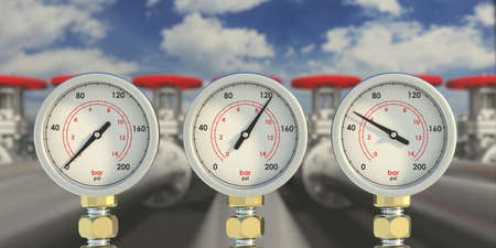 Industrial plant pipeline manometers and valves. Pressure measure gauges on steel metal pipelines outdoors, closeup view with details. 3d illustrationの写真素材