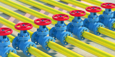 Oil and gas plant pipeline valves background. Industrial pipelines row yellow color and blue valves with red wheels, closeup view with details. 3d illustrationの写真素材