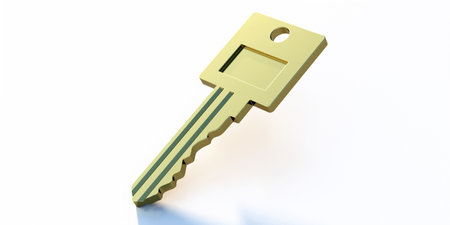Key gold isolated cutout on white background. Golden shiny luxury key, symbol of access to business,...