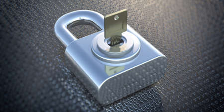 Cyber security. Key in a padlock, binary code background. Digital lock big data information safety...