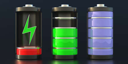 Battery charging indicators. Discharged and fully charged smartphone battery steps on black background. Power energy supply concept, mobile phone app symbols. 3d illustrationの写真素材