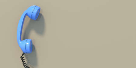 Vintage telephone, old retro phone receiver on beige wall background, Blue color classic handset, communication call concept, card template. 3d illustrationの写真素材