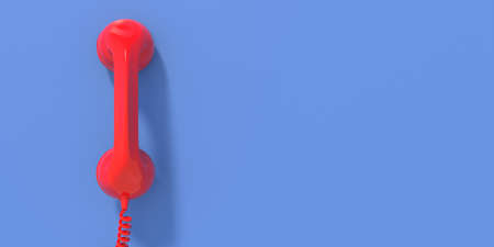 Retro telephone, old retro phone receiver on blue wall background, Red color classic handset, hotline, call communication concept, card template. 3d illustrationの写真素材