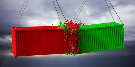 Cargo shipping containers accident on dark cloudy sky background. Imports exports, products storage transportation and delivery insurance concept. 3d illustrationの写真素材