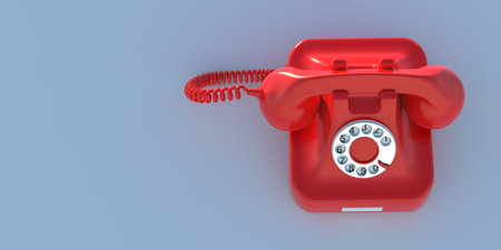 Vintage telephone, old retro phone on blue background, Red color rotary dial device, communication call concept, copy space, top view. 3d illustrationの写真素材