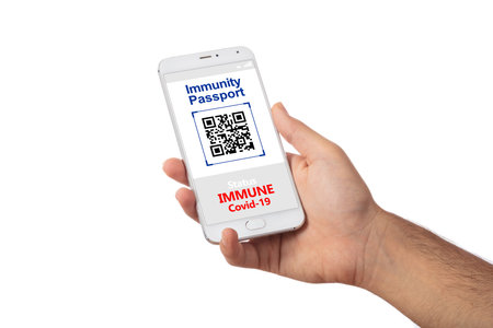 Immune digital health passport on mobile phone, coronavirus and immunity concept. Border control,...