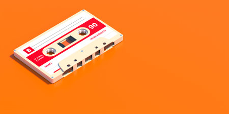 High fidelity, single retro audio cassette tape on orange color background, Vintage music, eighties party songs concept, copy space. 3d illustrationの写真素材