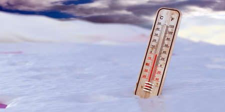 Snow, cold weather, winter. Wooden classic thermometer outdoors in snow, frosty environment, zero...