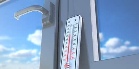 Comfort warm home. Temperature room indoors, seventy degrees Fahrenheit, Weather thermometer on glass window sill, blue sky outdoors, house interior. 3d illustrationの写真素材