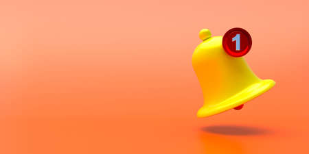 Notification one new, Social Media ui yellow color element. Notification bell icon floating on orange color background. Web symbol mobile phone app, user interface, template. 3d illustrationの写真素材