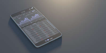 Stock exchange market analysis, monitoring app mobile phone screen. Trade platform, forex trading....
