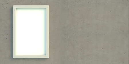 Board with frame blank on concrete grey wall background, texture. Rectangular empty white signpost,...