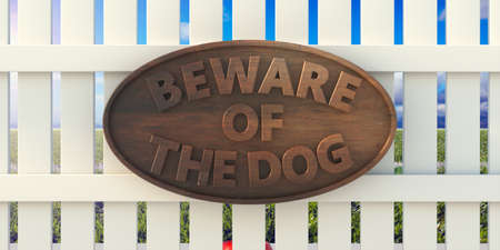 Beware of the dog inscription. Guard dog warning. Wooden round sign and text on house white fence background, 3d illustrationの写真素材