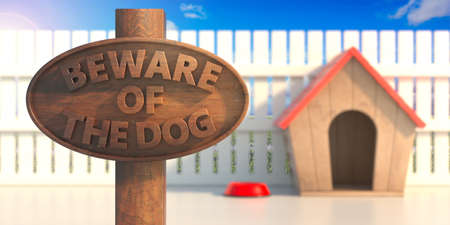 Beware of the dog inscription. Guard dog warning. Wooden signpost and text, doghouse and house white fence background, 3d illustrationの写真素材