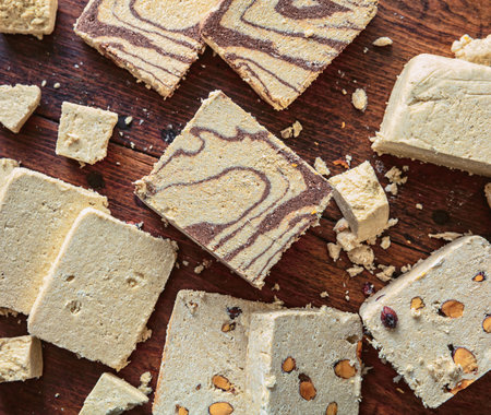 Halva variety cocoa and almonds flat lay on wooden table background. Vanilla halvah or halwa pieces with nuts and chocolate. Traditional dessert confection made with sunflower seeds or sesame tahini.の写真素材