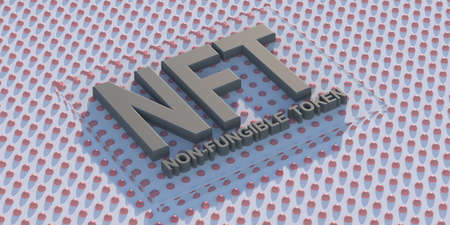 NFT blockchain asset, gray text on light blue dotted background. Non Fungible Token, cryptocurrency art concept. 3d illustrationの写真素材
