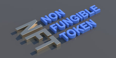 NFT blockchain asset, blue text on dark black color background. Non Fungible Token, cryptocurrency art concept. 3d illustrationの写真素材