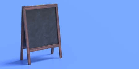 Chalkboard at school or as product presentation concept. Wooden frame blackboard blank for teaching, advertise, lesson, promotion, blue background. Empty, copy space, banner, template. 3d illustrationの写真素材