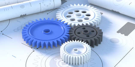 Plastic gears, rotating mechanism concept on blueprint plan background, banner, close up top view....