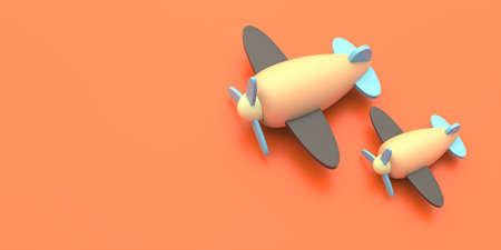 Airplanes wooden toys with propeller isolated on blank orange background, texture. Colorful children aircrafts toys. Preschool kids game concept. Copy space, high angle view, banner. 3d illustrationの写真素材