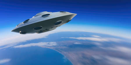 UFO, aliens travel destination Planet Earth. Flying disc extraterrestrial spaceship, mystery flying...
