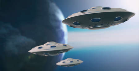 Space explorers concept. UFO extraterrestrial circle spaceships, flying discs with destination Planet Earth. Three Unidentified Flying Objects, on blue sky background. 3d illustrationの写真素材