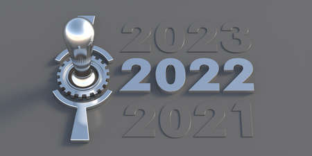 2022 starting the New Year concept. Retro electric silver control switch, numbers on gray...