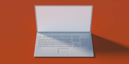 Blank screen computer laptop open on orange color background. Portable notebook with shadow,...