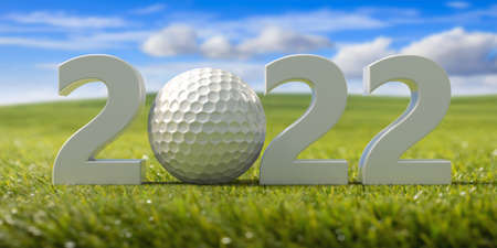 Golf 2022. New year number with golfball on grass field, fresh green lawn sport terrain, blue cloudy sky background. 3d illustrationの写真素材