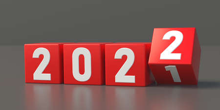 2022 change of New Year concept. Red cubes with digits isolated on grey background. Last cube turns from one to two. Start things from the beginning love business travels life. Reflect 3d illustrationの写真素材