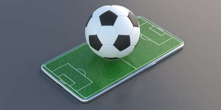 Smartphone digital bet app and soccer advertising concept. Football green field and ball on mobile isolated on grey background. Online watch sports, statistics, score, match, win. 3d illustrationの写真素材