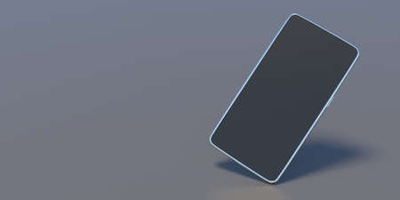 Smartphone blank, black screen on grey background. Mobile advertising, presentation concept. Empty phone lcd screen modern digital electronic technology gadget. Top view, copy space. 3d illustrationの写真素材