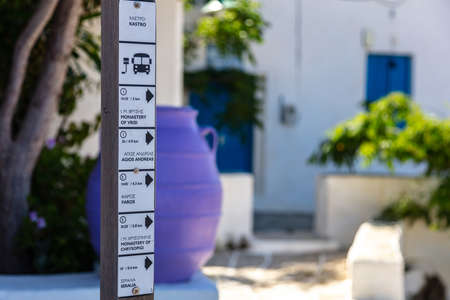 Greece, Sifnos greek island. May 19, 2021. Hiking destinations, trail distance and time, bilingual...